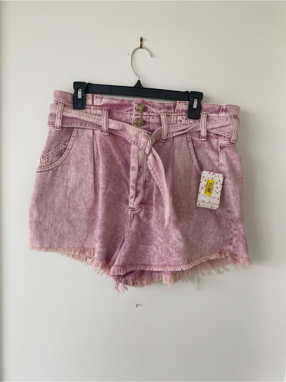 Free People Pink Tie-Waist Washed Denim Shorts